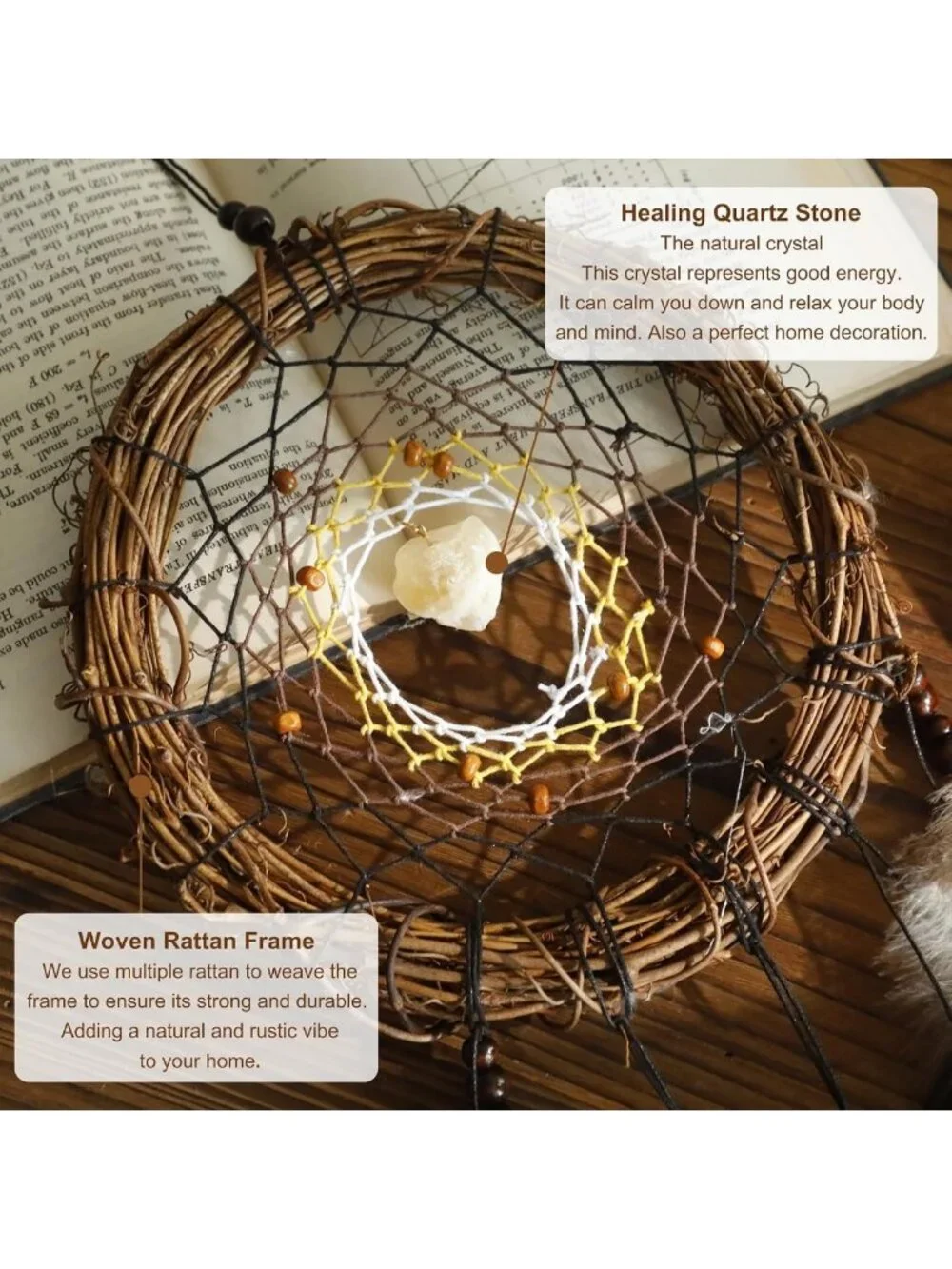Boho Dream Catcher Wall Art Set - 5 Handmade Rattan Feathers, Rustic Decor
